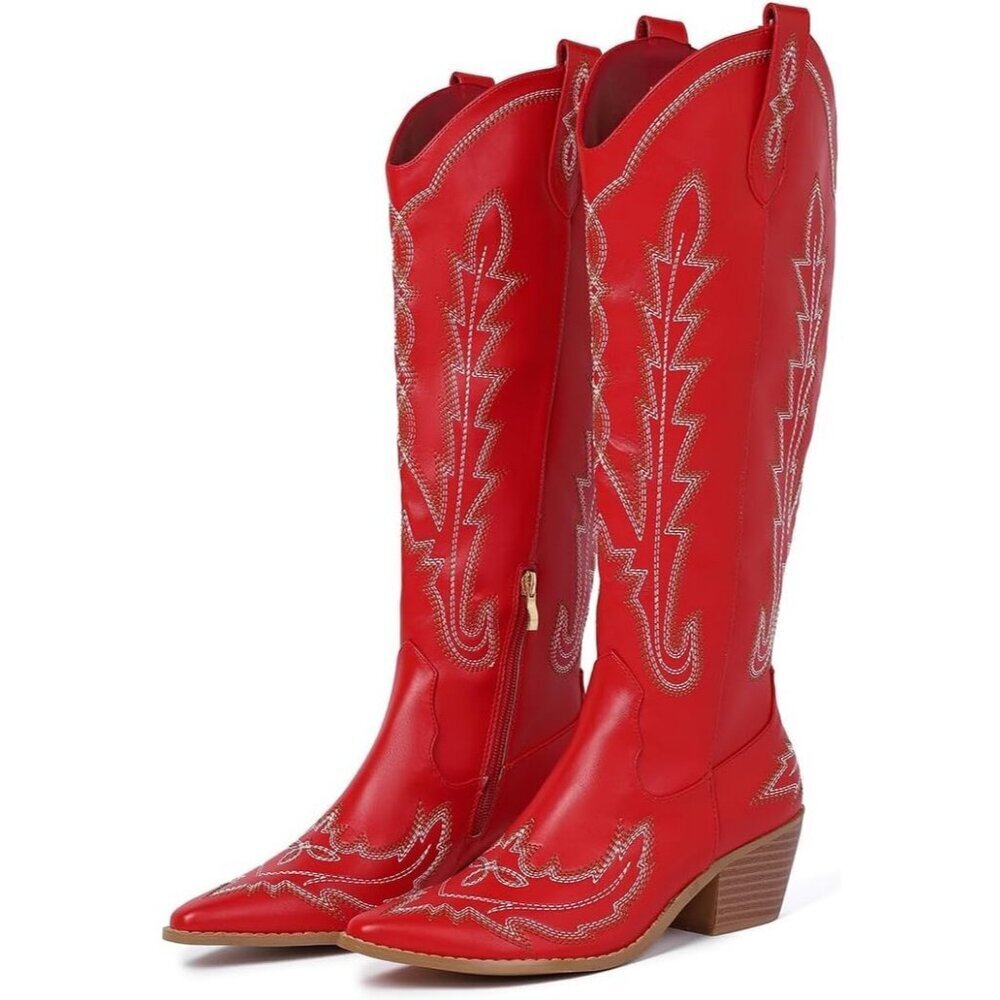 Women's Red Cowboy Boots Pointed Toe Cowgirl Knee High Boot With Zipper - Picture 2 of 6